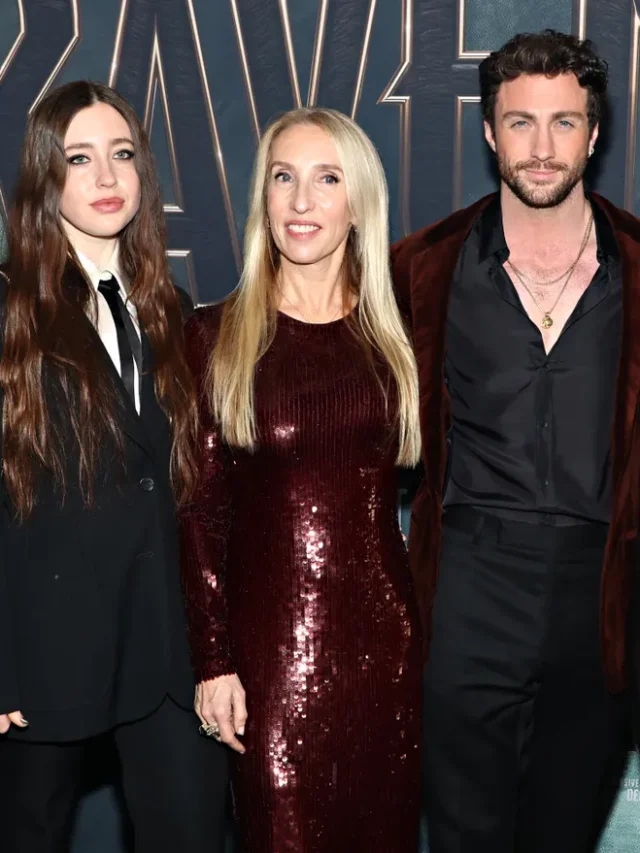 Sam and Aaron Taylor-Johnson make a rare public appearance with their children at the New York premiere of Aaron’s R-rated film Kraven The Hunter.